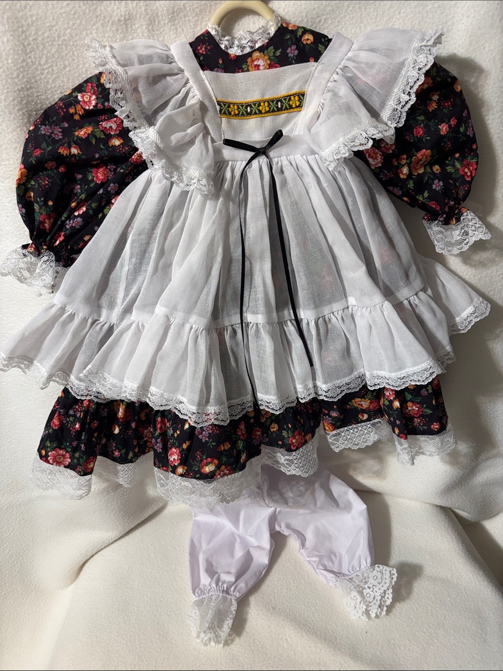 Handmade vintage doll dress white lace black floral super cute